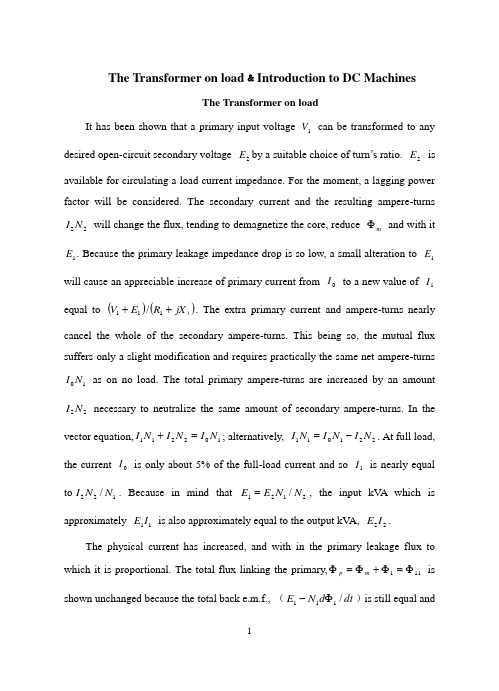电气专业外文翻译---负载运行的变压器及直流电机导论