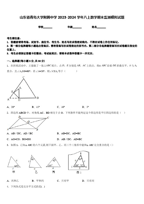 山东省青岛大学附属中学2023-2024学年八上数学期末监测模拟试题含答案