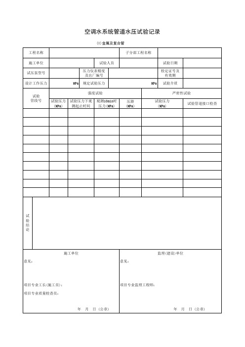 空调水系统管道水压试验记录