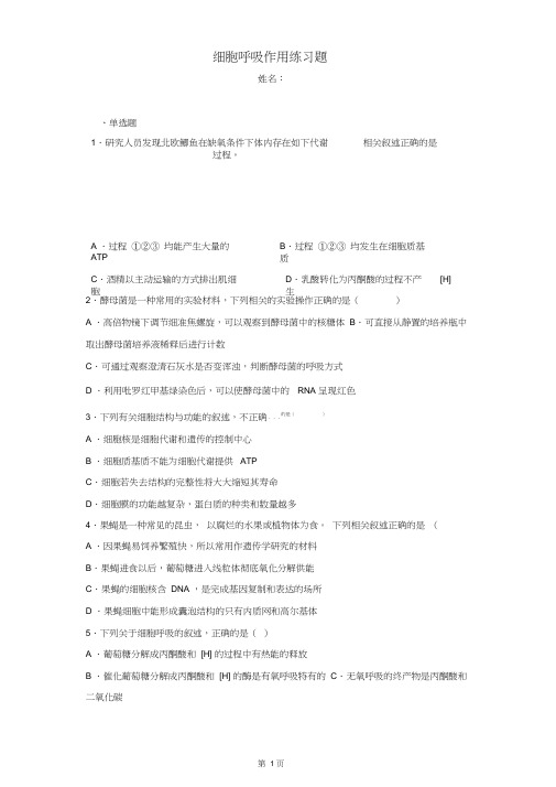 【必修一】细胞呼吸作用练习题