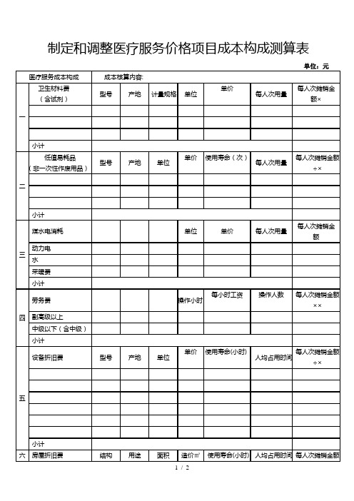 制定和调整医疗服务价格项目成本构成测算表