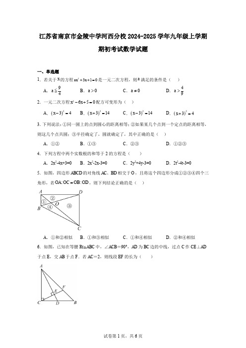 江苏省南京市金陵中学河西分校2024-2025学年九年级上学期期初考试数学试题