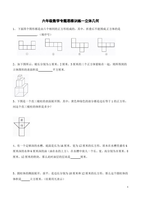 六年级数学专题思维训练—立体几何(含答案及解析)