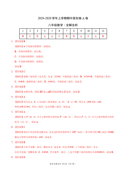 2019-2020学年八年级数学上学期期中原创卷A卷(山东)(全解全析)