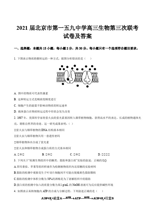 2021届北京市第一五九中学高三生物第三次联考试卷及答案