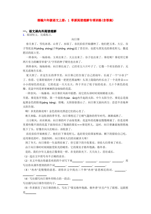 部编六年级语文上册：1 草原阅读理解专项训练(含答案)