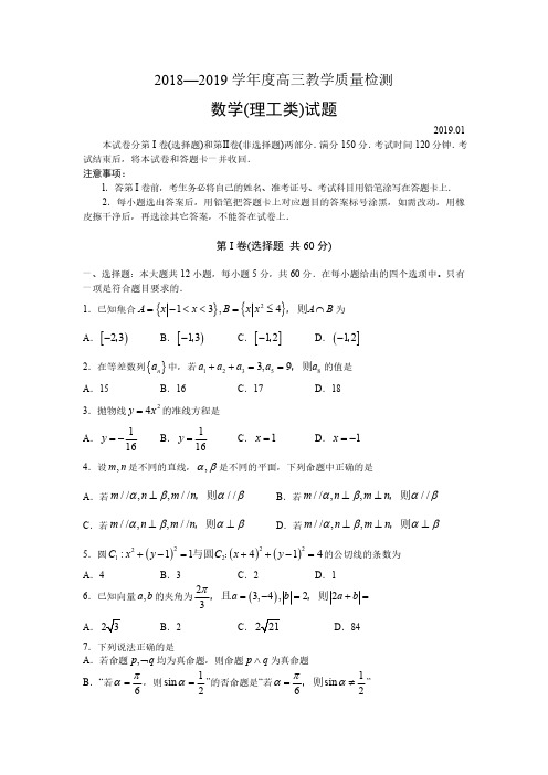 【济宁2019期末】济宁市2019届高三上期期末教学质量检测 数学(理)(含答案)