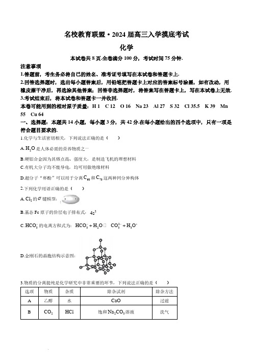 湖南省名校教育联盟2024届高三下学期入学摸底考试化学试题