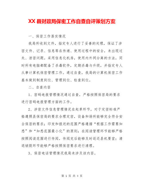 XX县财政局保密工作自查自评策划方案