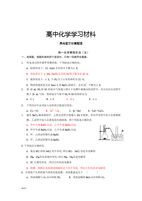 人教版必修一高中化学高一寒假作业化学(五)Word版含答案.docx