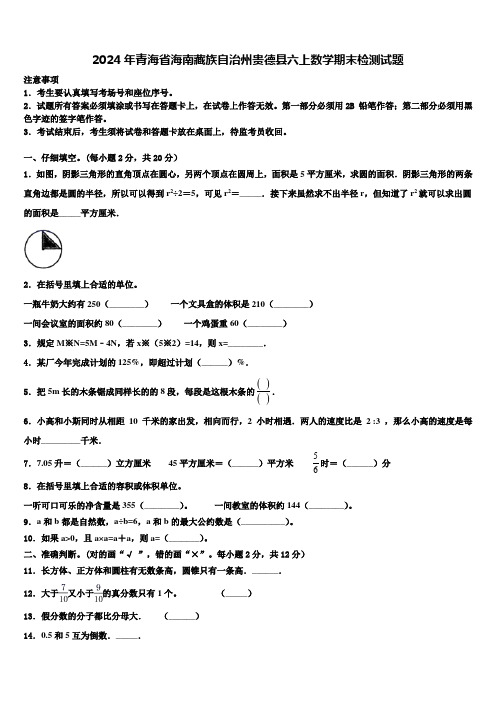 2024年青海省海南藏族自治州贵德县六上数学期末检测试题含解析