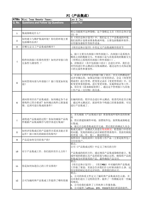 PI(产品集成) CMMI评估提问单(重要)产品经理学习资料