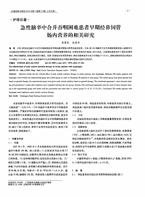 急性脑卒中合并吞咽困难患者早期经鼻饲管肠内营养的相关研究