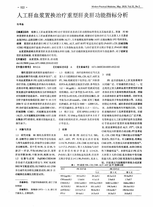 人工肝血浆置换治疗重型肝炎肝功能指标分析