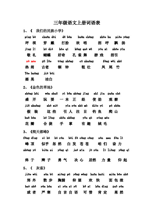 打印 三年级语文上册词语表