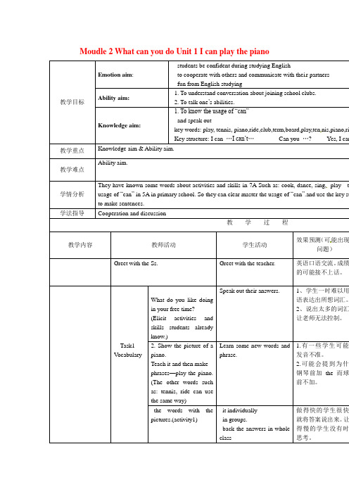 2019外研版英语七年级下册Module2Unit1Icanplaythepianoword教案