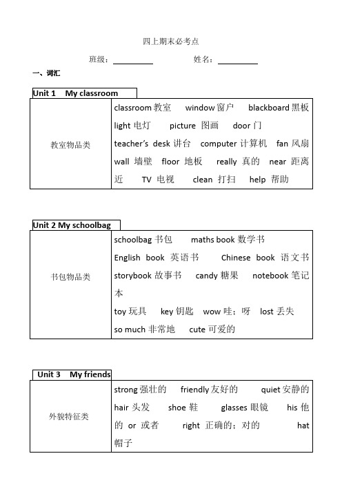 期末复习资料(知识清单)-2024-2025学年人教PEP版英语四年级上册