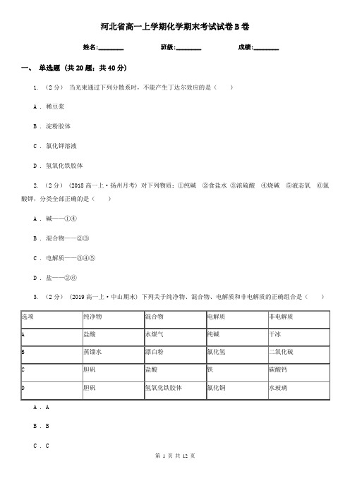 河北省高一上学期化学期末考试试卷B卷(练习)