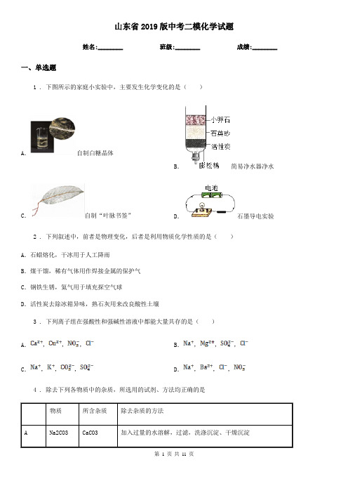 山东省2019版中考二模化学试题