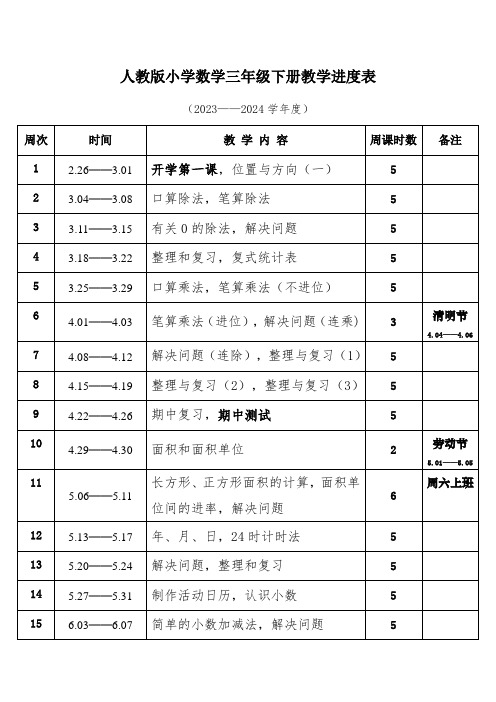 2024年春学期人教版小学数学三年级下册教学进度表