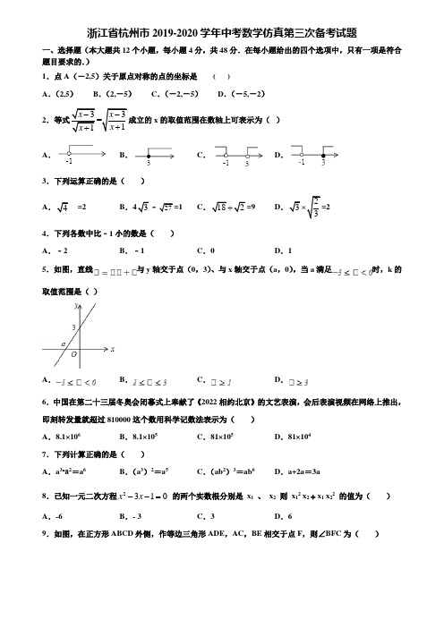 浙江省杭州市2019-2020学年中考数学仿真第三次备考试题含解析