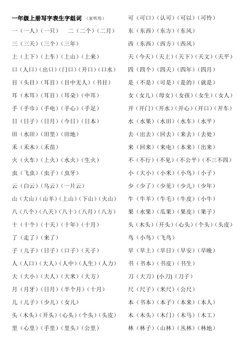 一年级上册语文写字表生字组词