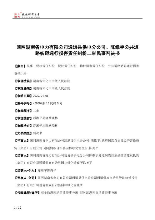 国网湖南省电力有限公司通道县供电分公司、陈维宇公共道路妨碍通行损害责任纠纷二审民事判决书