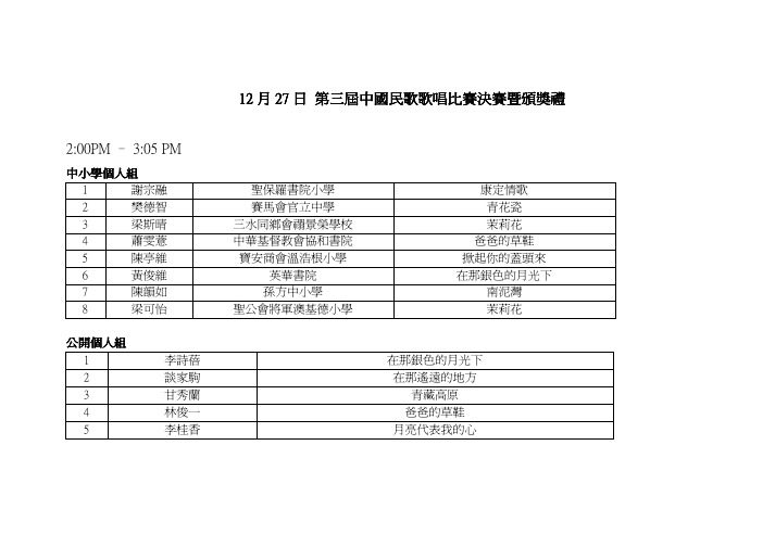 12 月27 日第三届中国民歌歌唱比赛决赛暨颁奖礼第三届中国民歌歌唱