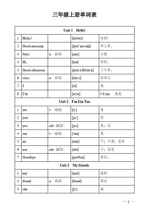 译林新版苏教版英语三年级上册单词表