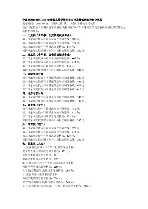 宁夏回族自治区2015年普通高等学校招生各批次最低录取控制分数线