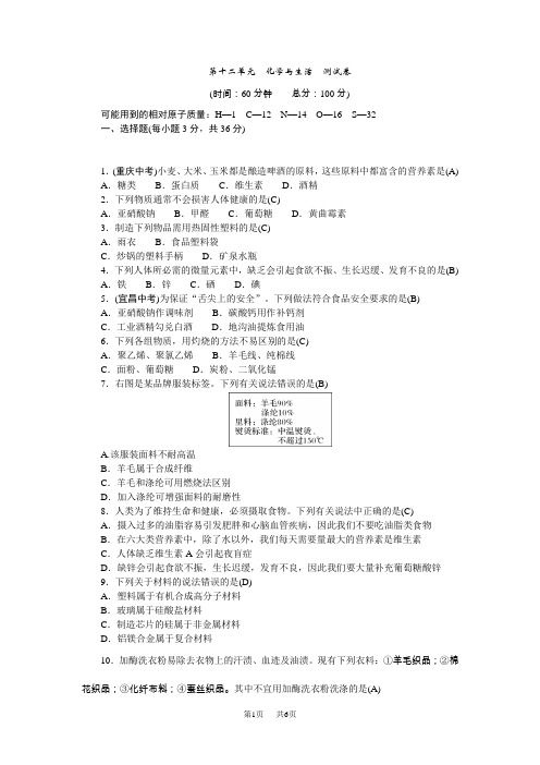 人教版九年级化学下册测试卷 第十二单元 化学与生活 测试卷