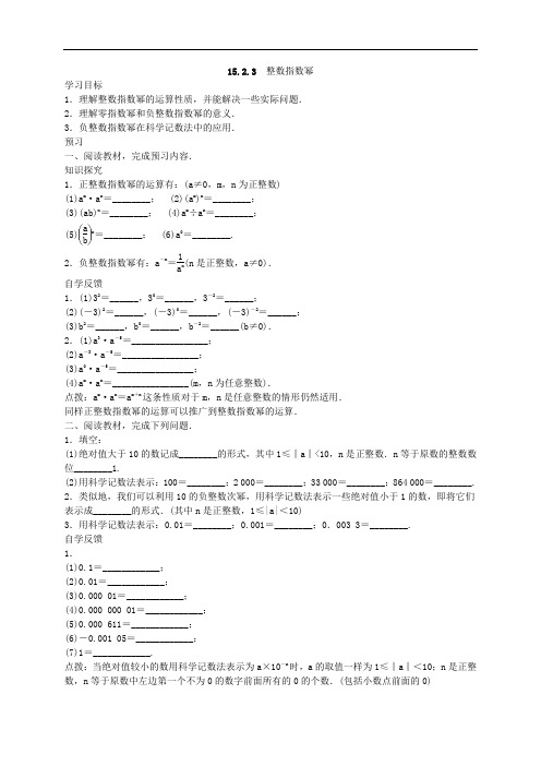 2020年人教版数学八年级上册学案15.2.3《整数指数幂》(含答案)