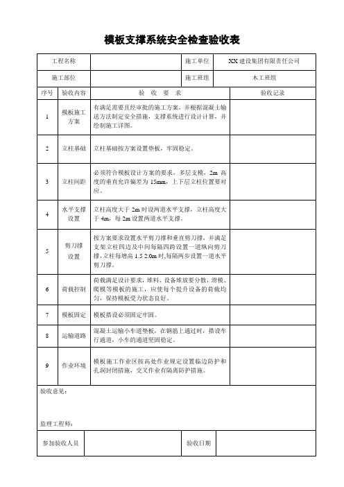 模板支撑系统安全检查验收表