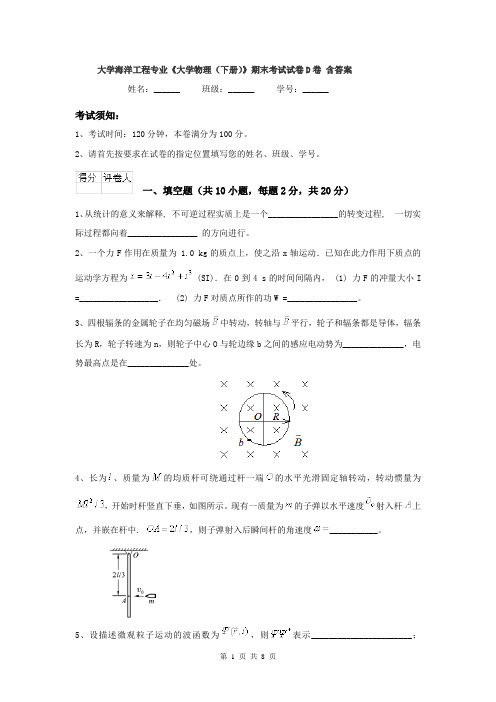 大学海洋工程专业《大学物理（下册）》期末考试试卷D卷 含答案