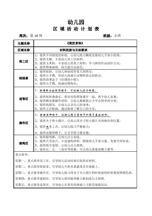 幼儿园小班班级区域计划第16周