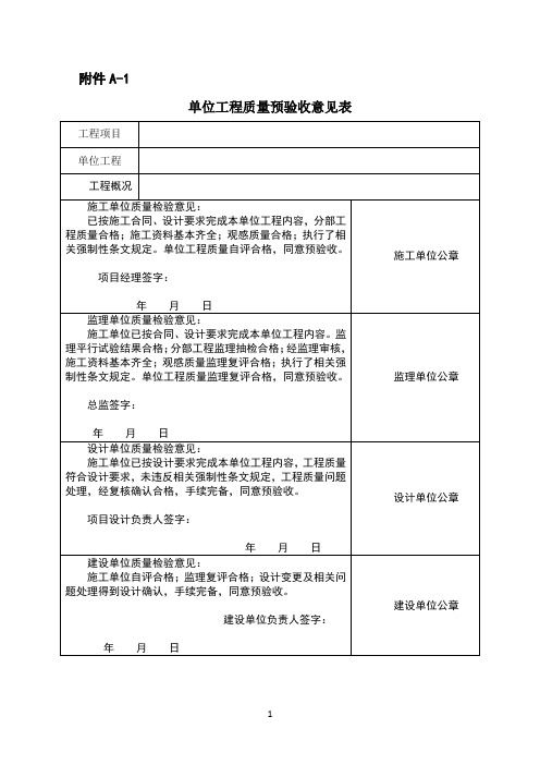 单位工程质量预验收意见表