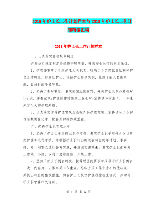 2018年护士长工作计划样本与2018年护士长工作计划精编汇编.doc