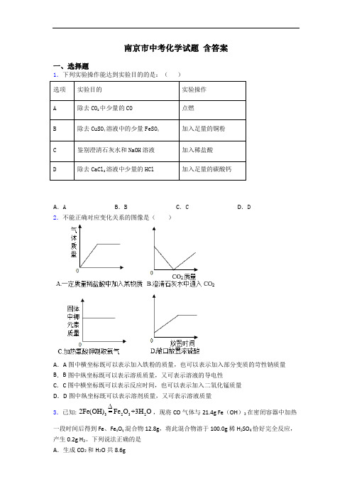 南京市中考化学试题 含答案