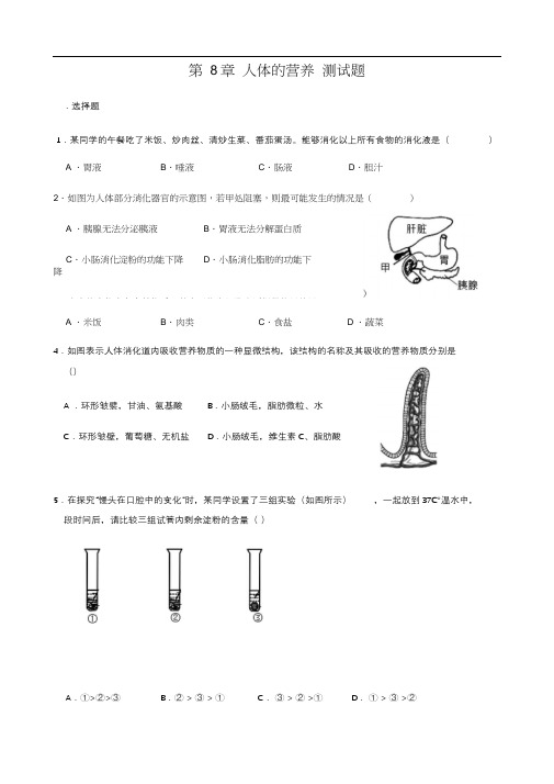 北师大版生物七年级下册第8章人体的营养测试题(含答案)