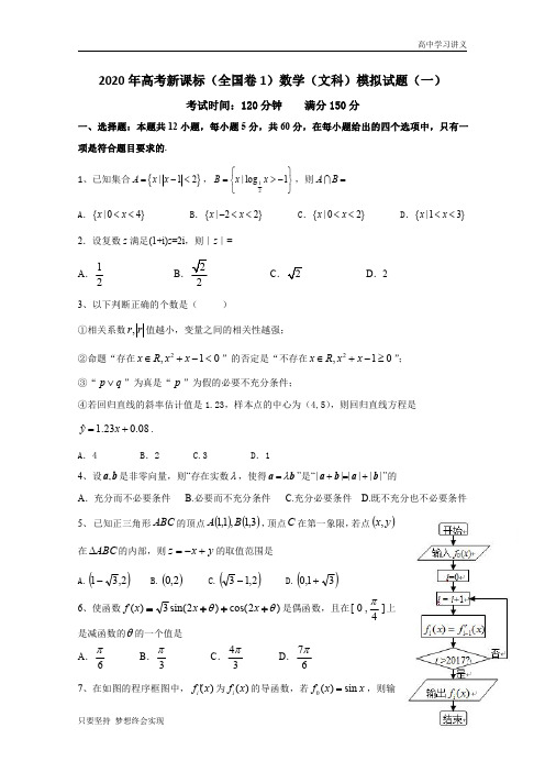 【精准解析】2020年高考新课标(全国卷1)数学(文科)模拟试题(一)+Word版含答案byde