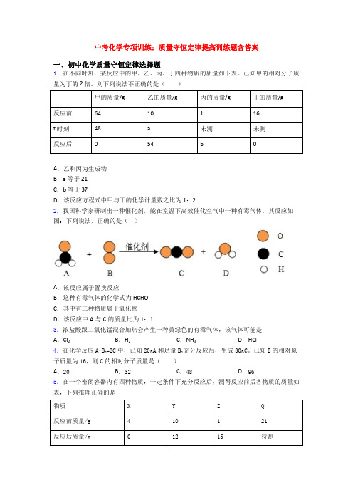 中考化学专项训练：质量守恒定律提高训练题含答案