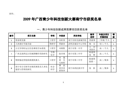 2009年广西青少年科技创新大赛南宁市获奖名单