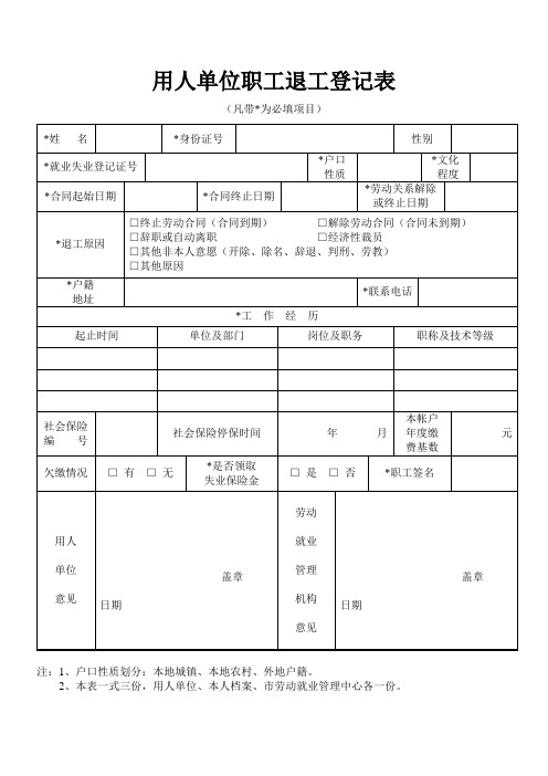 用人单位职工退工登记表