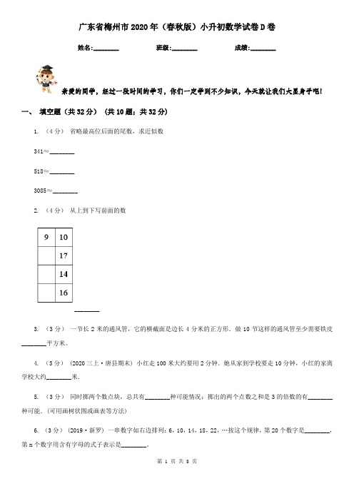 广东省梅州市2020年(春秋版)小升初数学试卷D卷