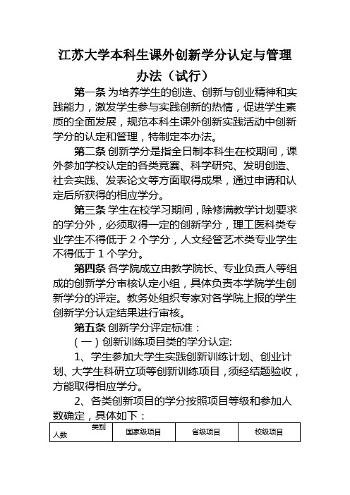 江苏大学本科生课外创新学分认定与管理办法(试行)