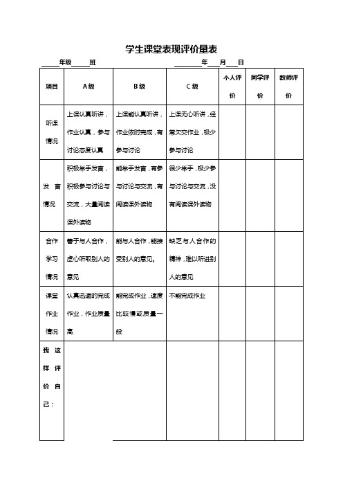 学生课堂表现评价表