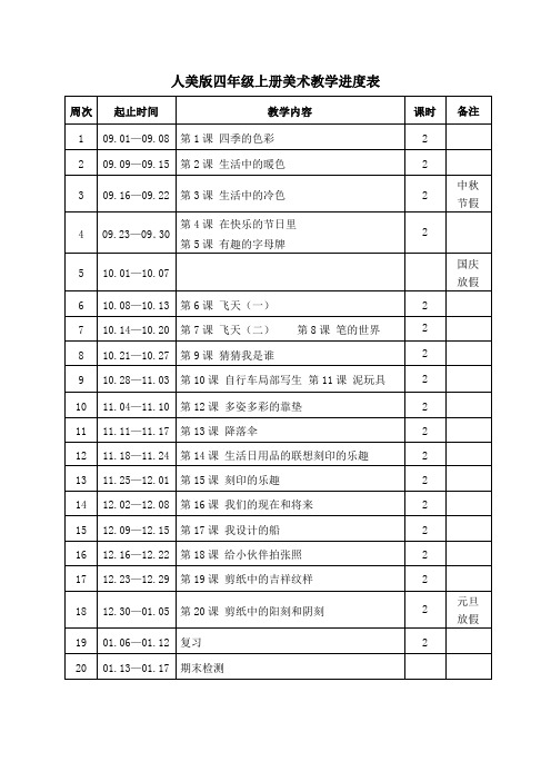 人美版四年级上册美术教学进度表