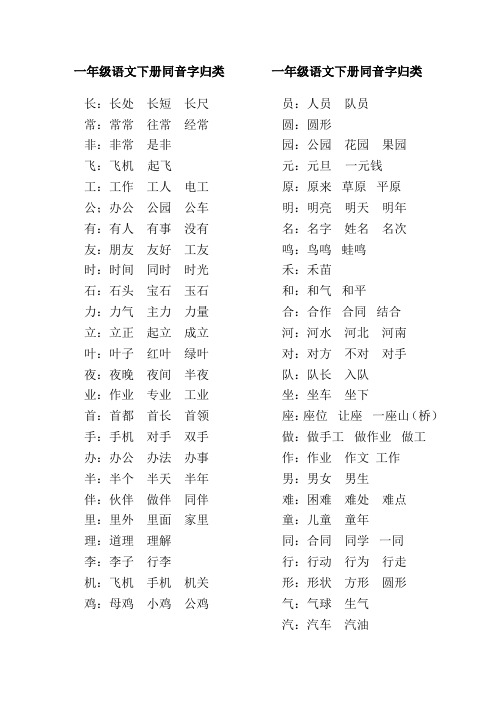 一年级语文下册同音字归类