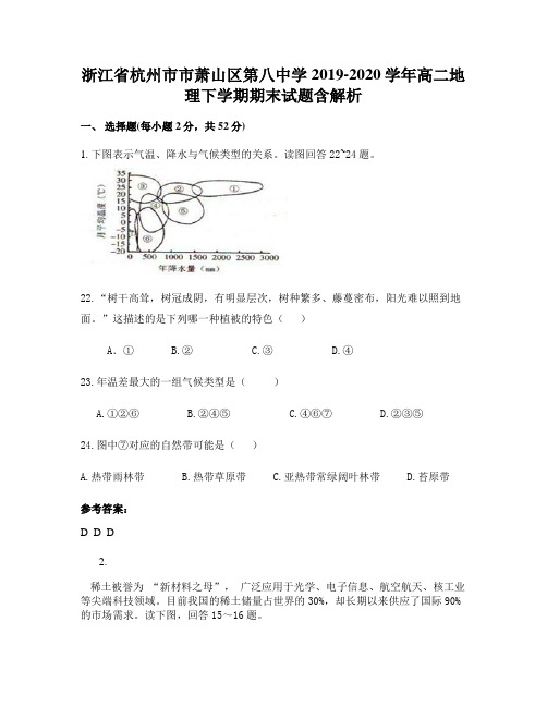 浙江省杭州市市萧山区第八中学2019-2020学年高二地理下学期期末试题含解析