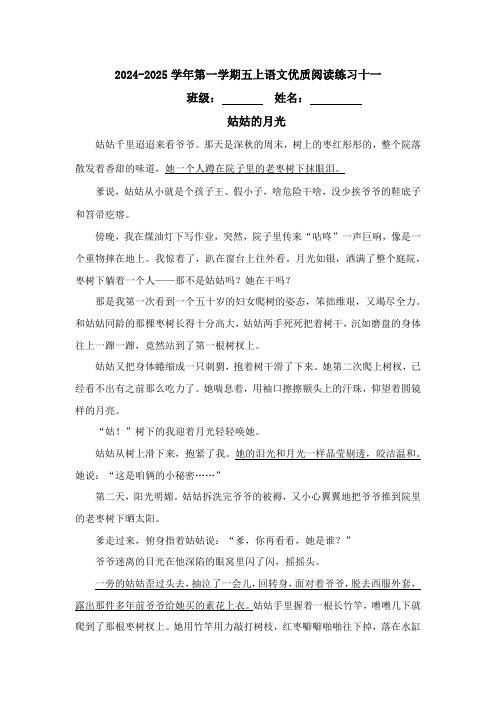 2024-2025学年第一学期五上语文优质阅读练习十一(含优质答案)